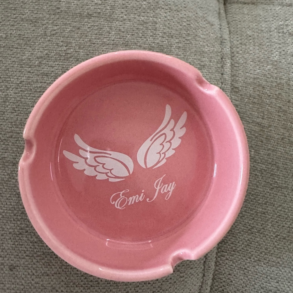 Emi Jay Pink Ceramic Ashtray with White Wing Motif